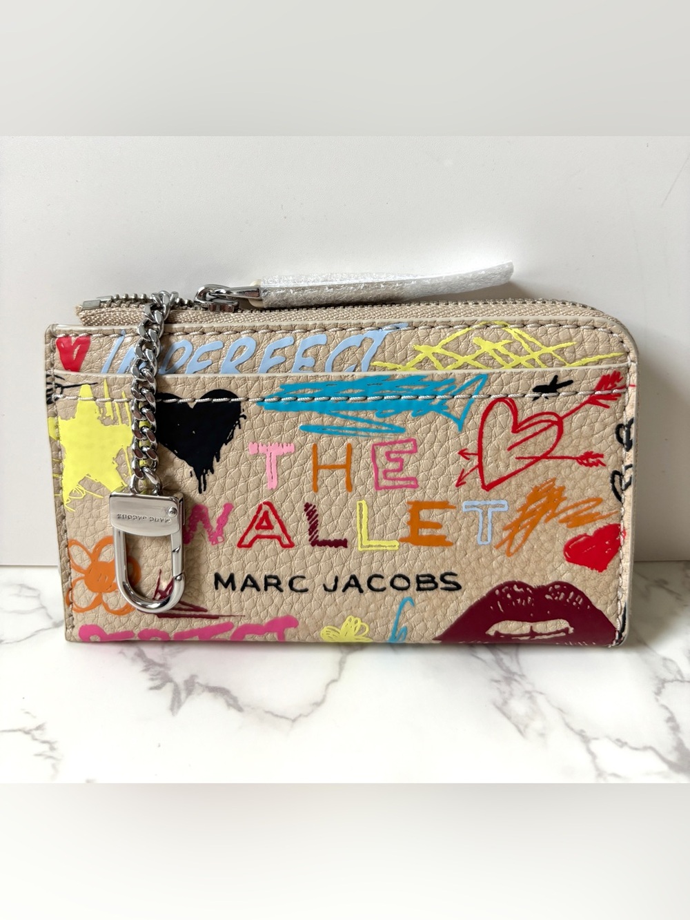 New Marc Jacobs Top Zip Multi Wallet Beige Graffiti Print